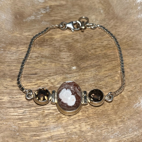 Agate & Smoky Topaz Stone Box Chain 925 Sterling Silver Bracelet - Picture 4 of 15